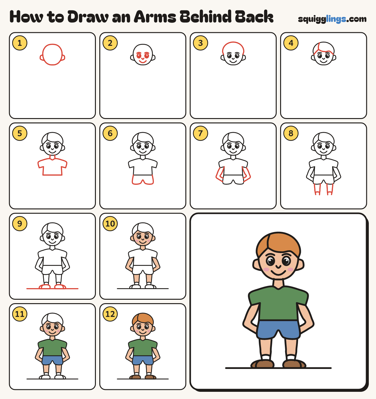 How to Draw an Arms Behind Back step by step: all 12 steps in one picture