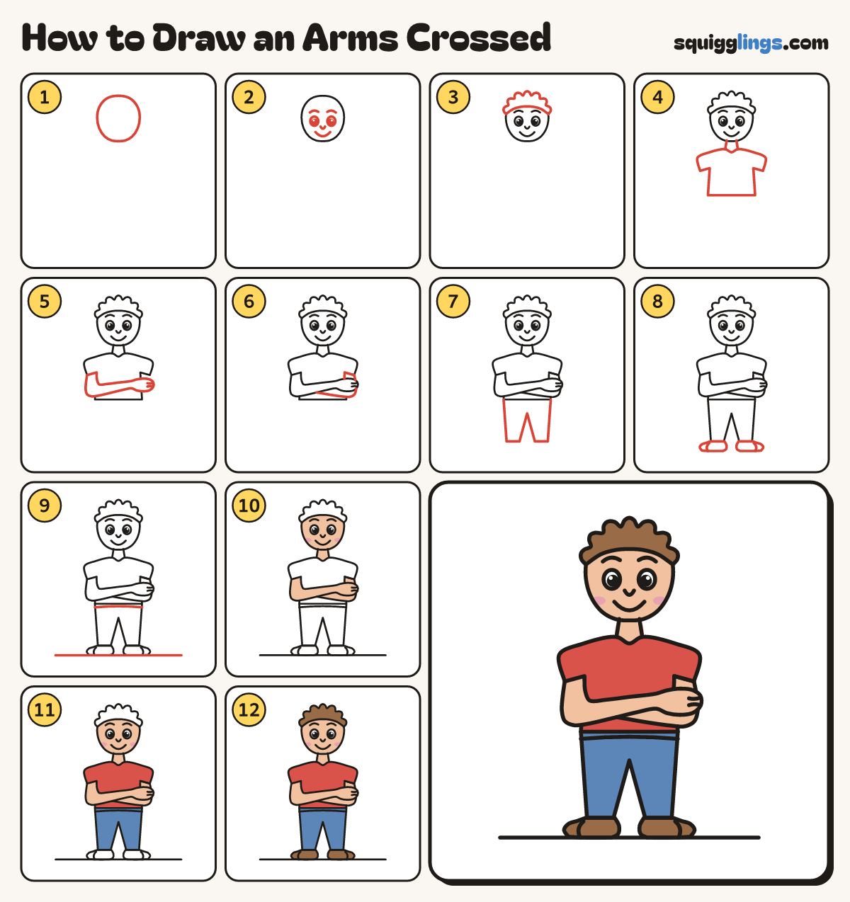 How to Draw an Arms Crossed step by step: all 12 steps in one picture
