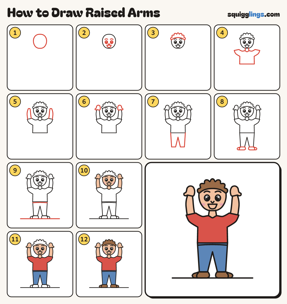 How to Draw Raised Arms step by step: all 12 steps in one picture