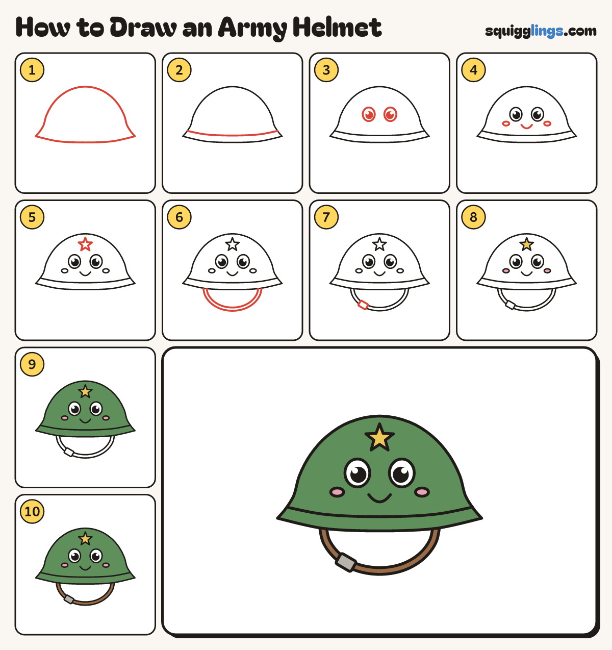 How to Draw an Army Helmet step by step: all 10 steps in one picture