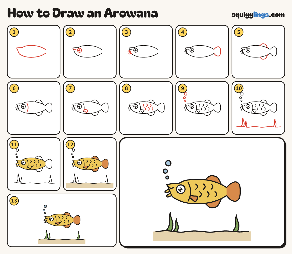 How to Draw an Arowana step by step: all 13 steps in one picture