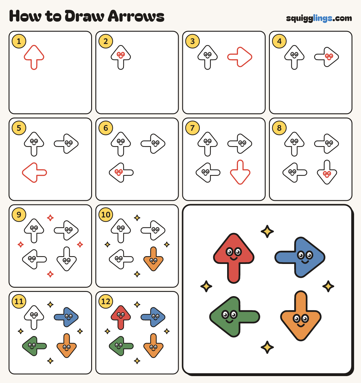How to Draw Arrows step by step: all 12 steps in one picture
