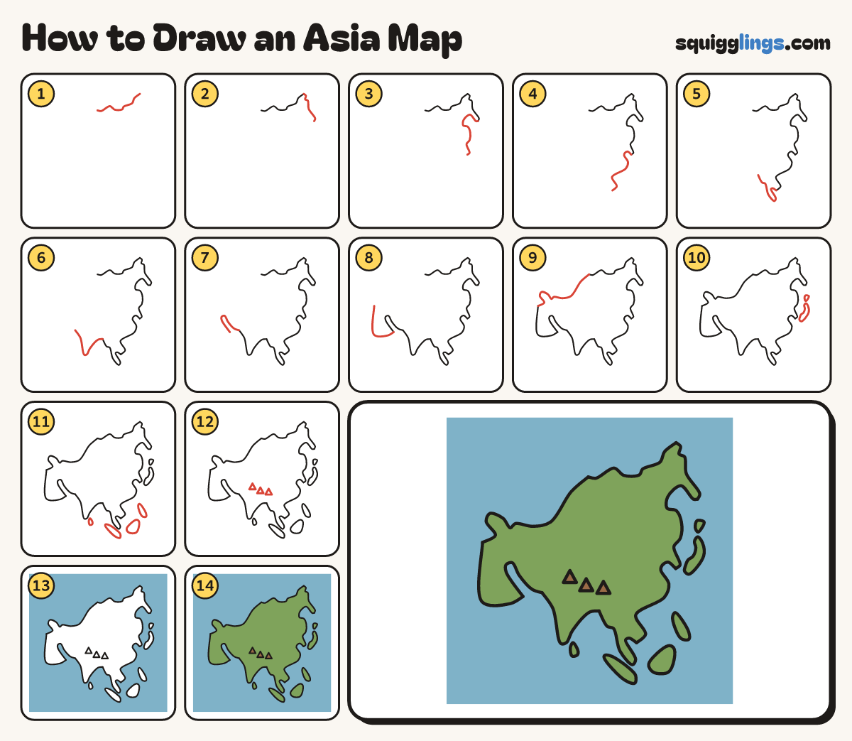 How to Draw an Asia Map step by step: all 14 steps in one picture