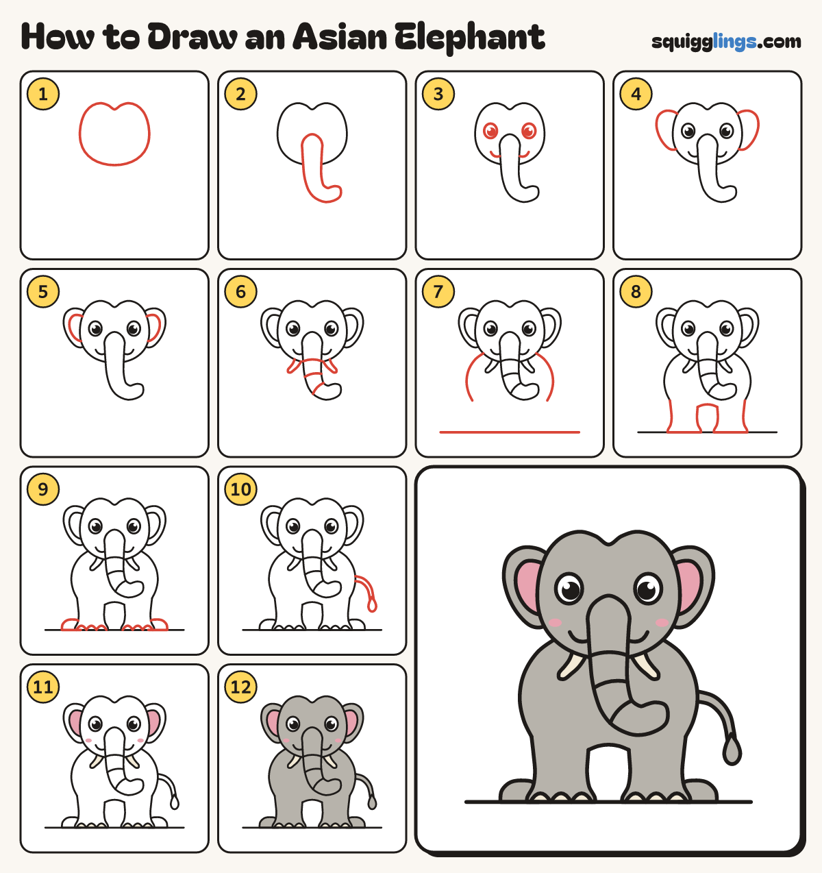 How to Draw an Asian Elephant step by step: all 12 steps in one picture