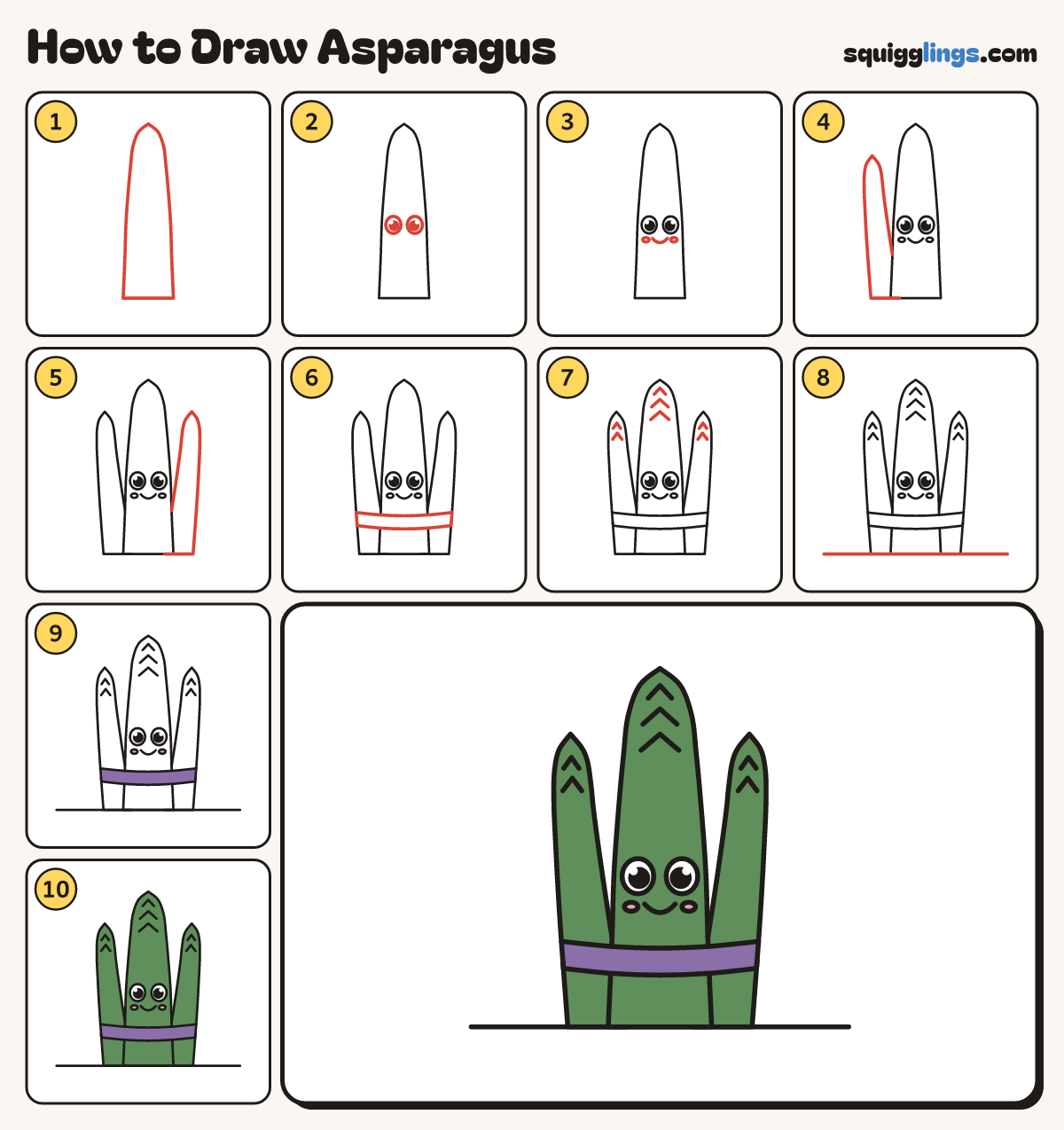 How to Draw Asparagus step by step: all 10 steps in one picture