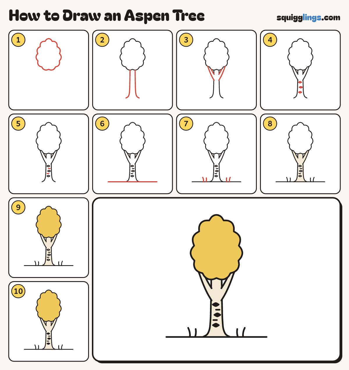 How to Draw an Aspen Tree step by step: all 10 steps in one picture