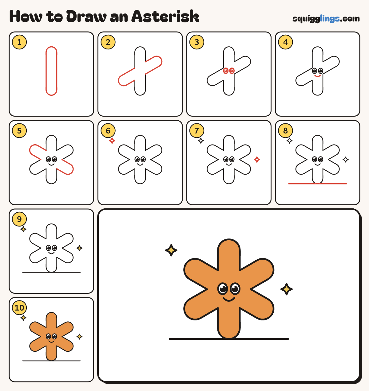 How to Draw an Asterisk step by step: all 10 steps in one picture