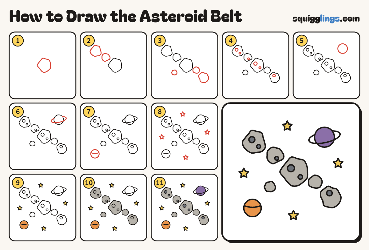 How to Draw the Asteroid Belt step by step: all 11 steps in one picture