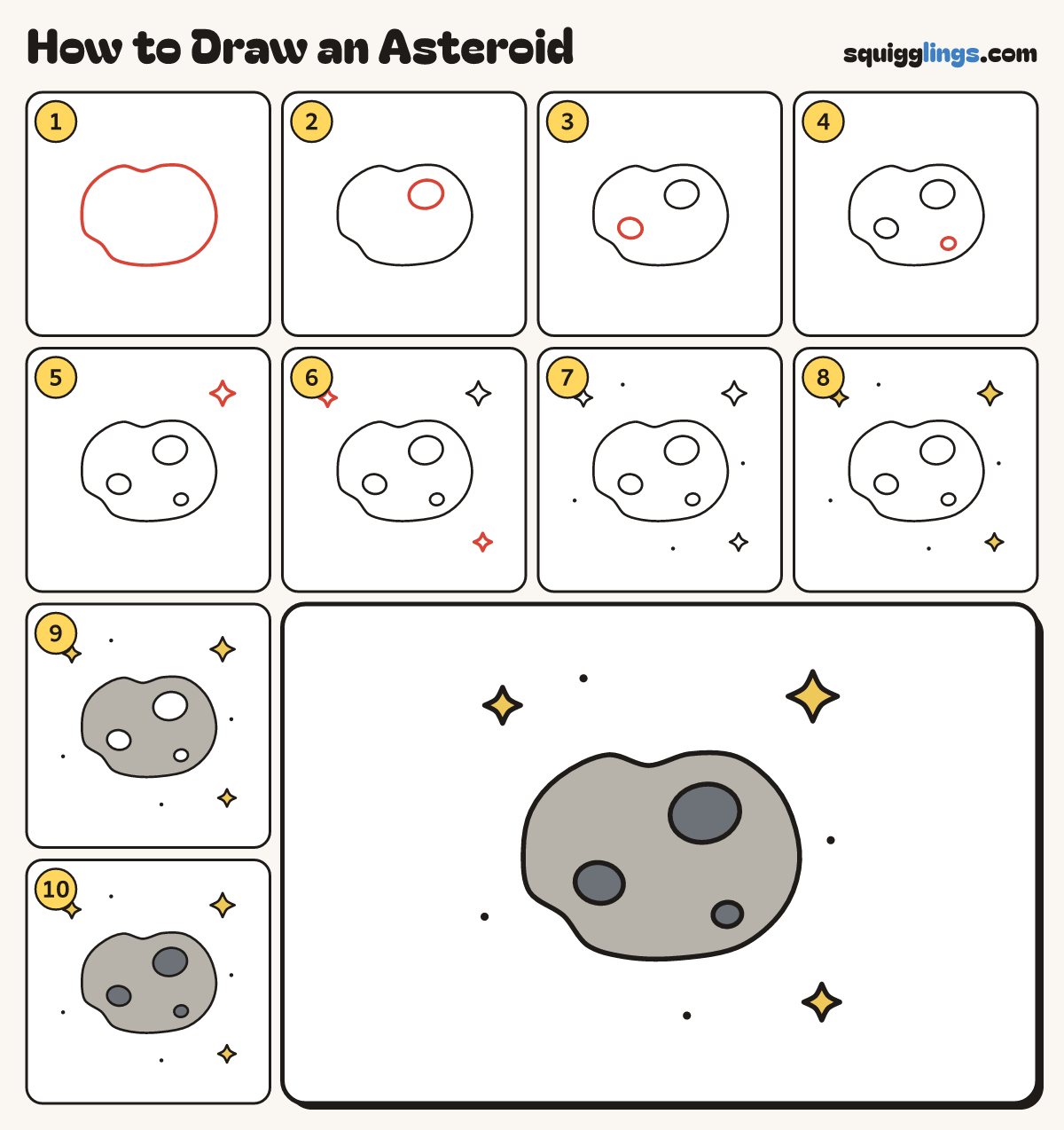 How to Draw an Asteroid step by step: all 10 steps in one picture