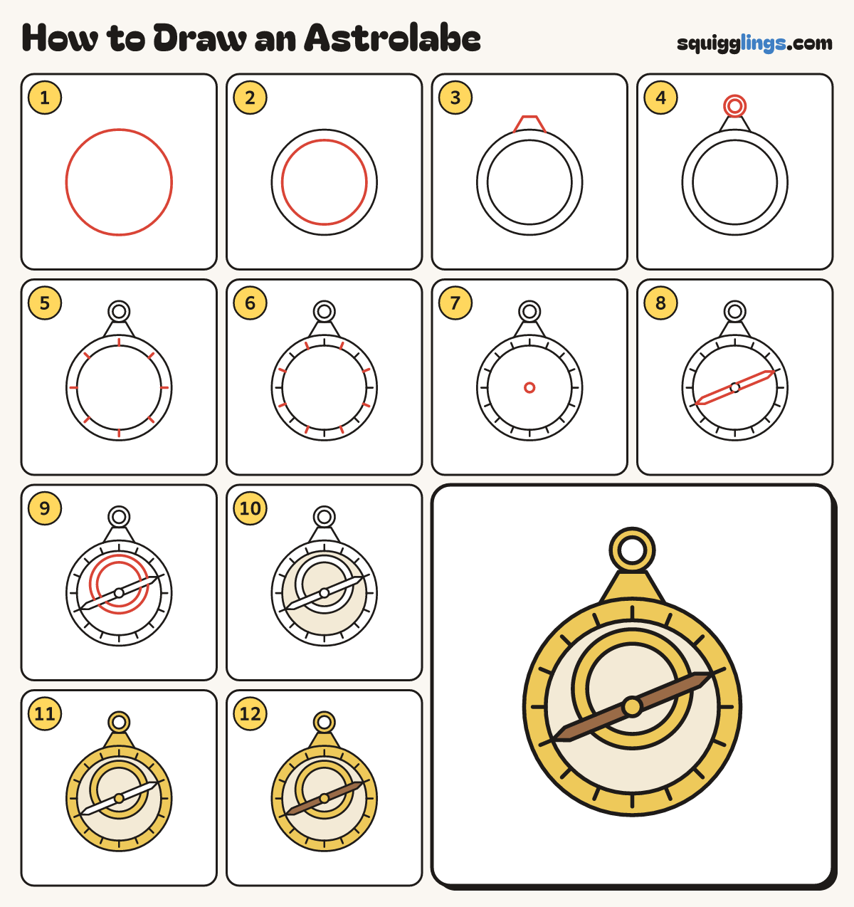 How to Draw an Astrolabe step by step: all 12 steps in one picture