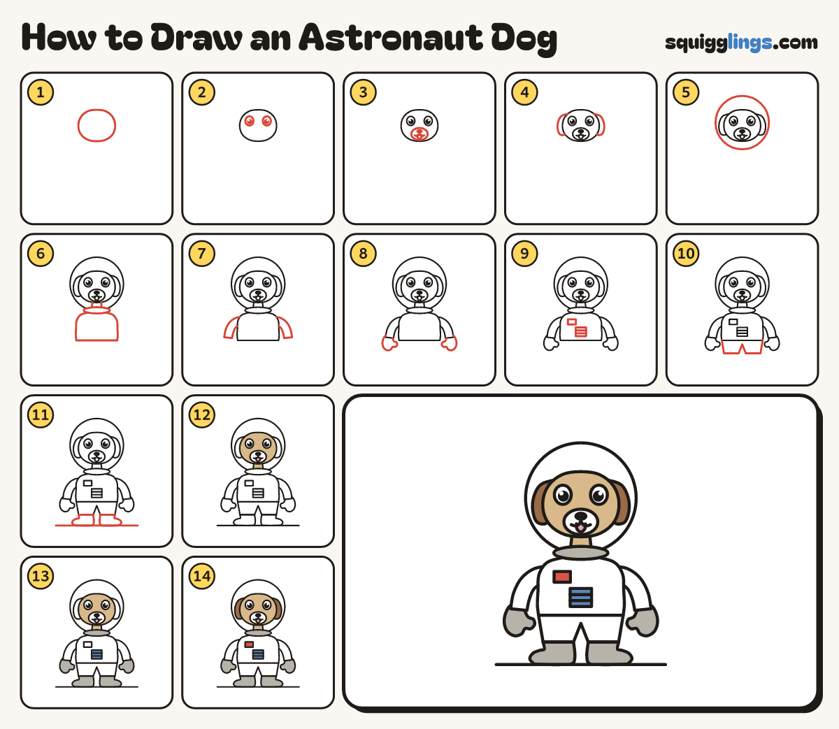 How to Draw an Astronaut Dog step by step: all 14 steps in one picture