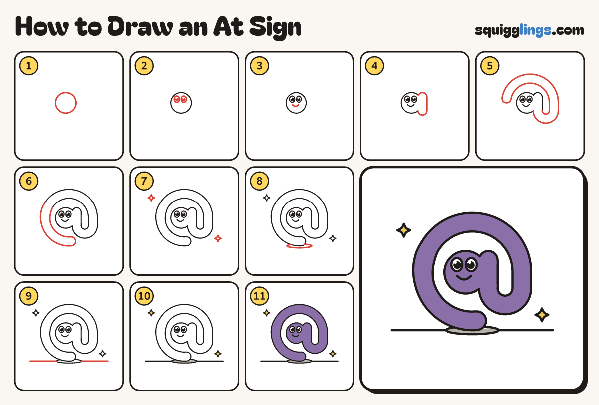 How to Draw an At Sign step by step: all 11 steps in one picture