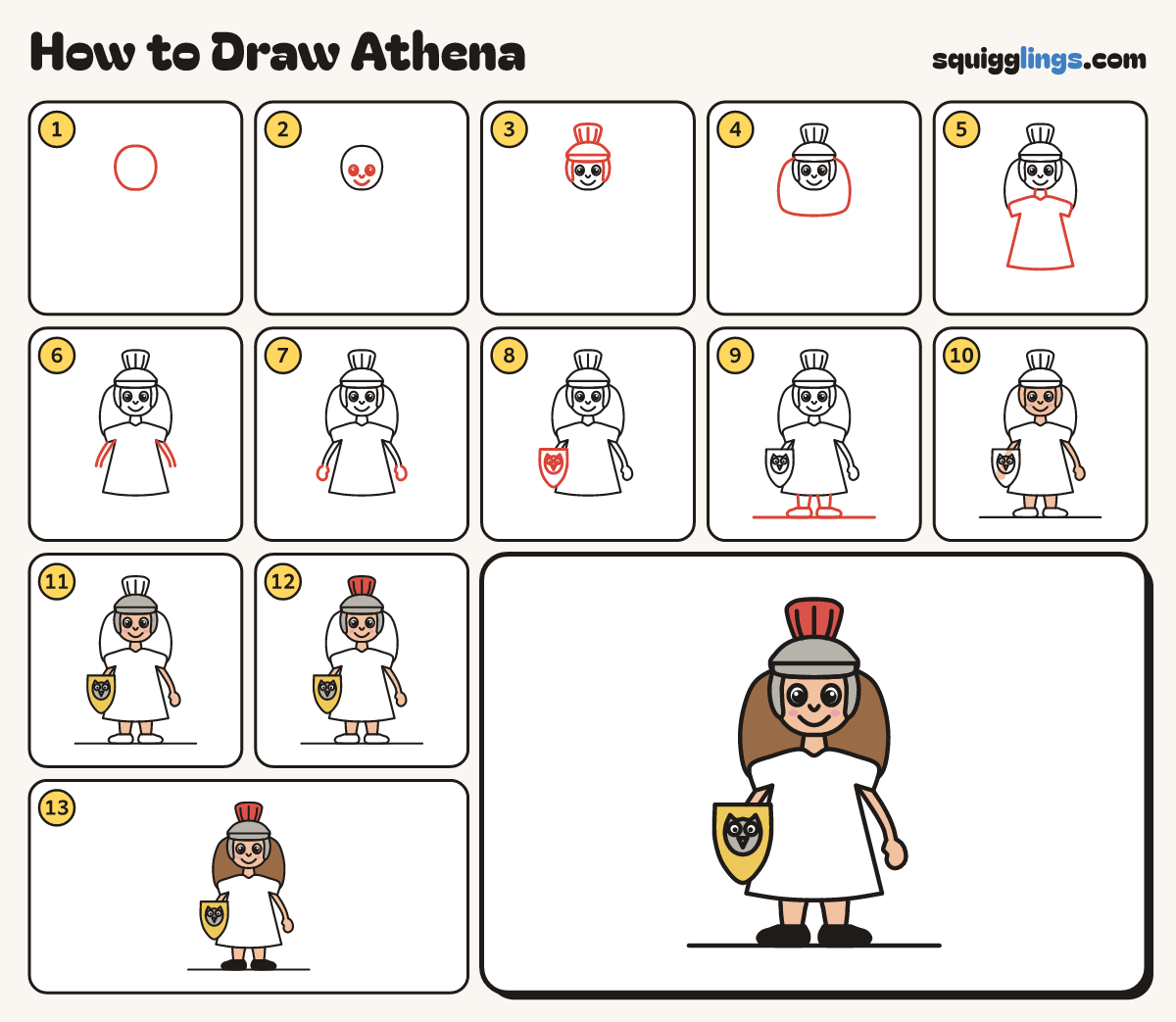 How to Draw Athena step by step: all 13 steps in one picture