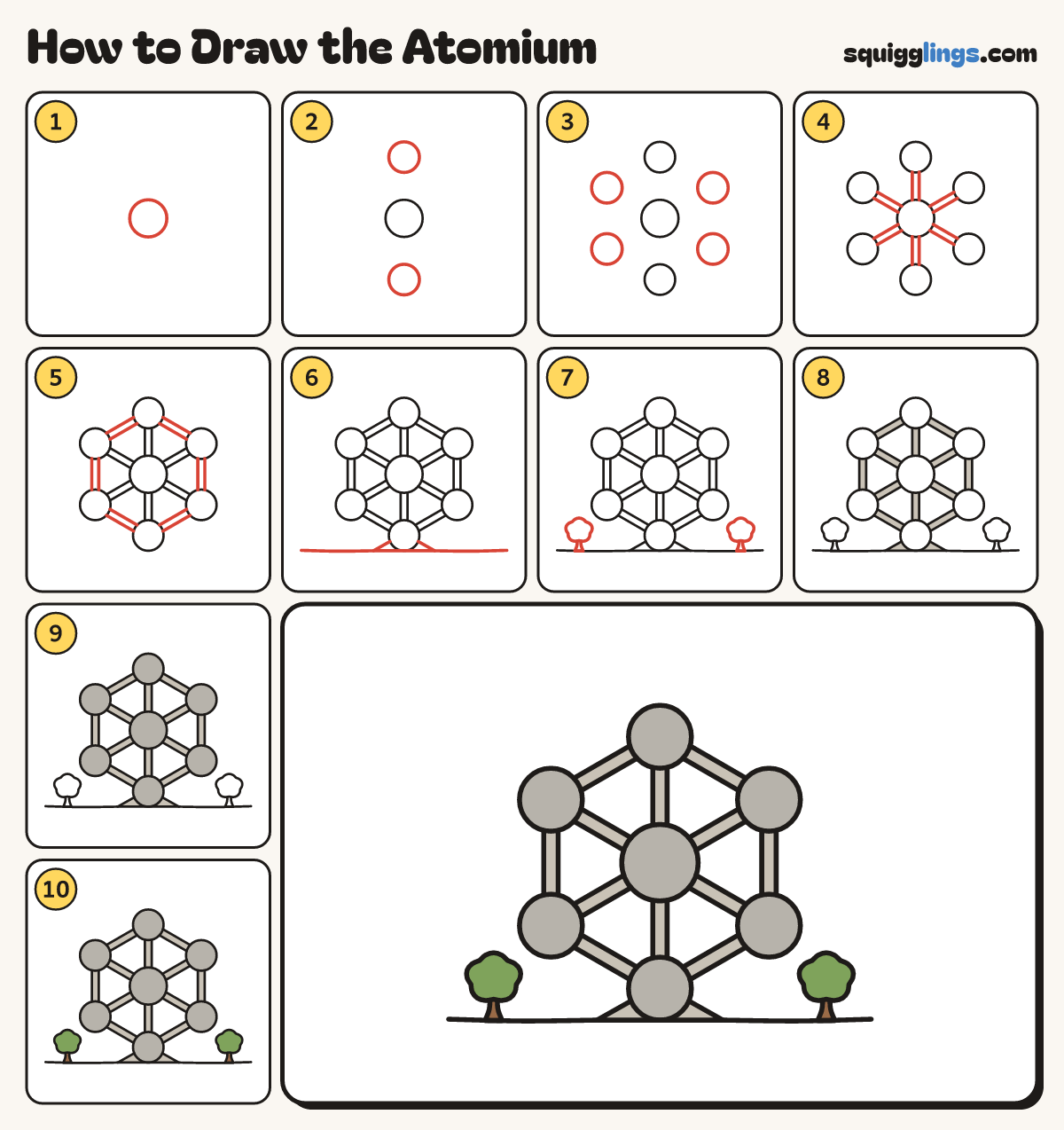 How to Draw the Atomium step by step: all 10 steps in one picture