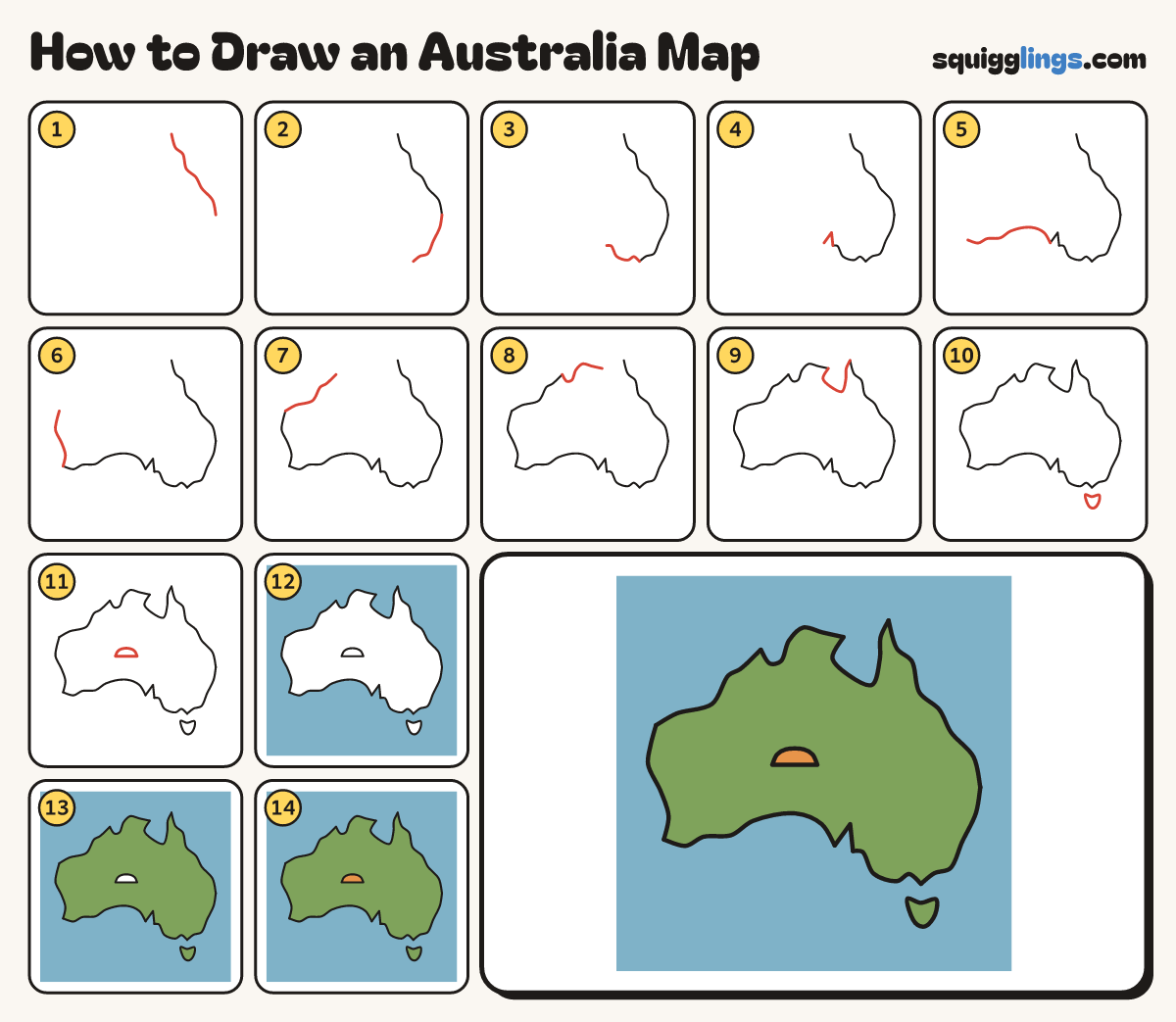 How to Draw an Australia Map step by step: all 14 steps in one picture