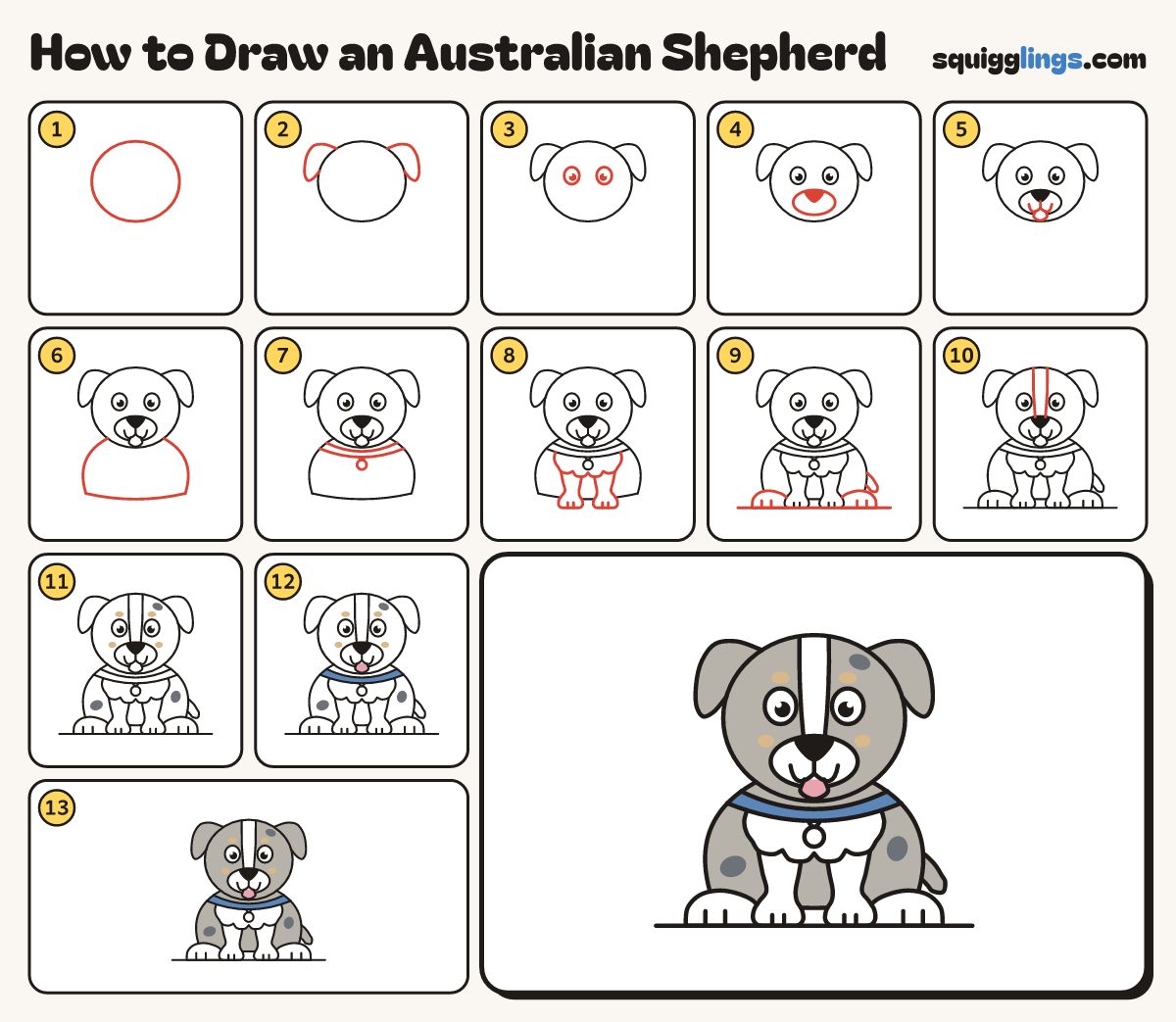 How to Draw an Australian Shepherd step by step: all 13 steps in one picture