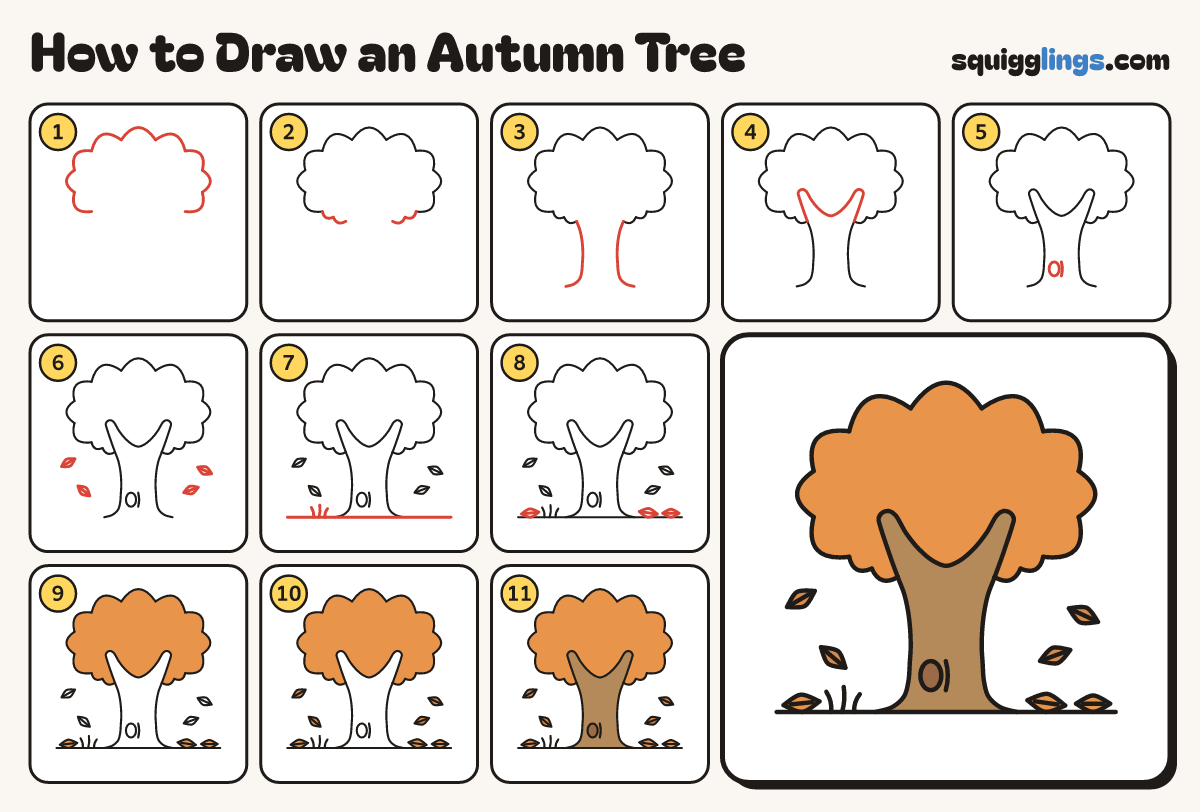How to Draw an Autumn Tree step by step: all 11 steps in one picture