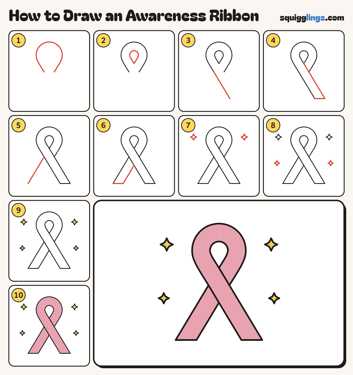How to Draw an Awareness Ribbon step by step: all 10 steps in one picture