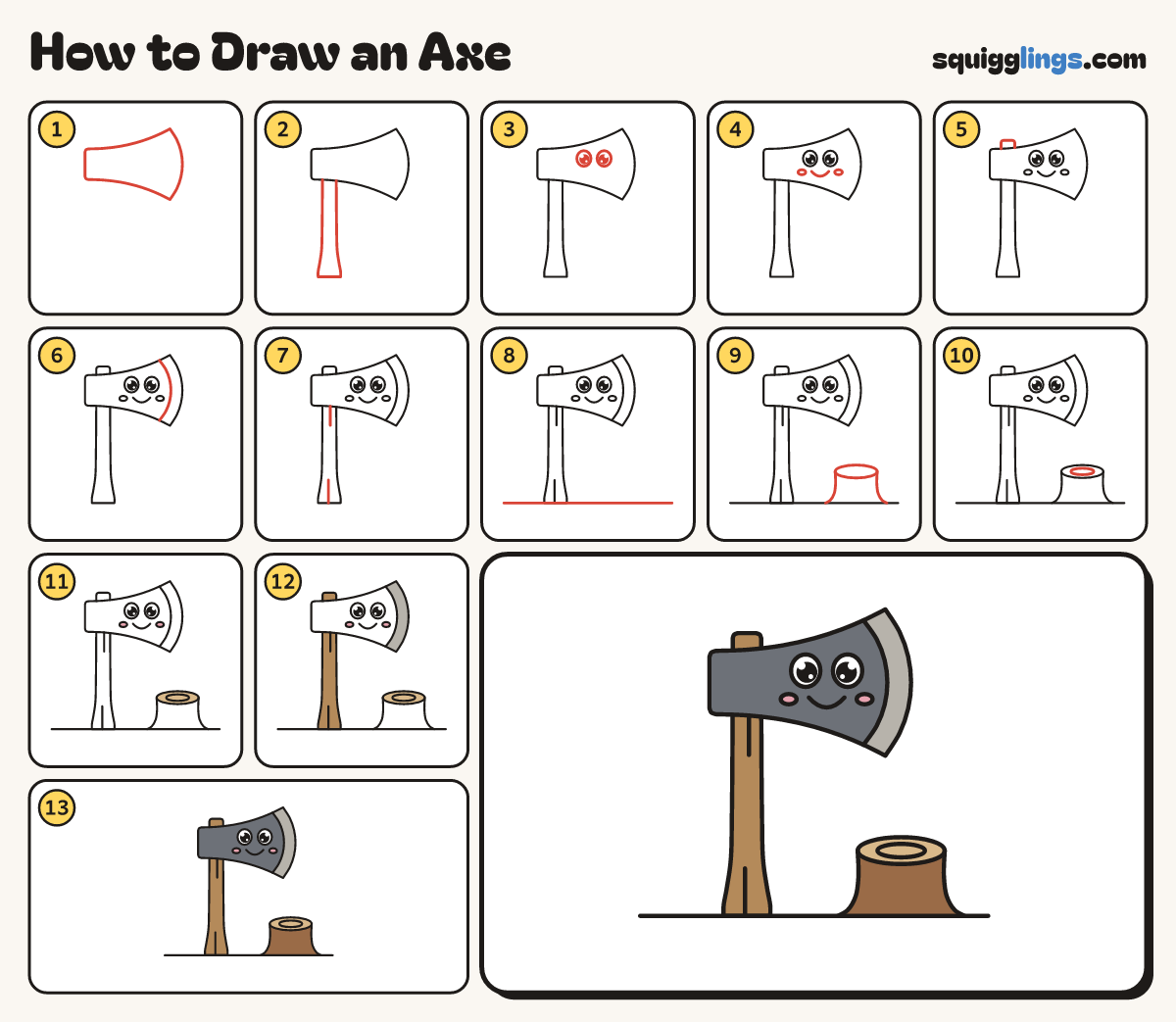 How to Draw an Axe step by step: all 13 steps in one picture