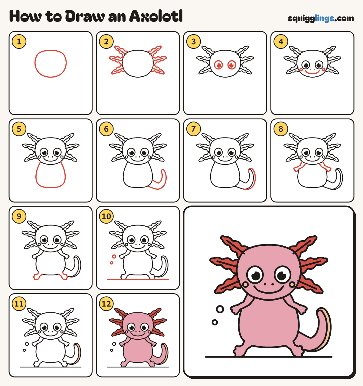 How to Draw an Axolotl step by step: all 12 steps in one picture