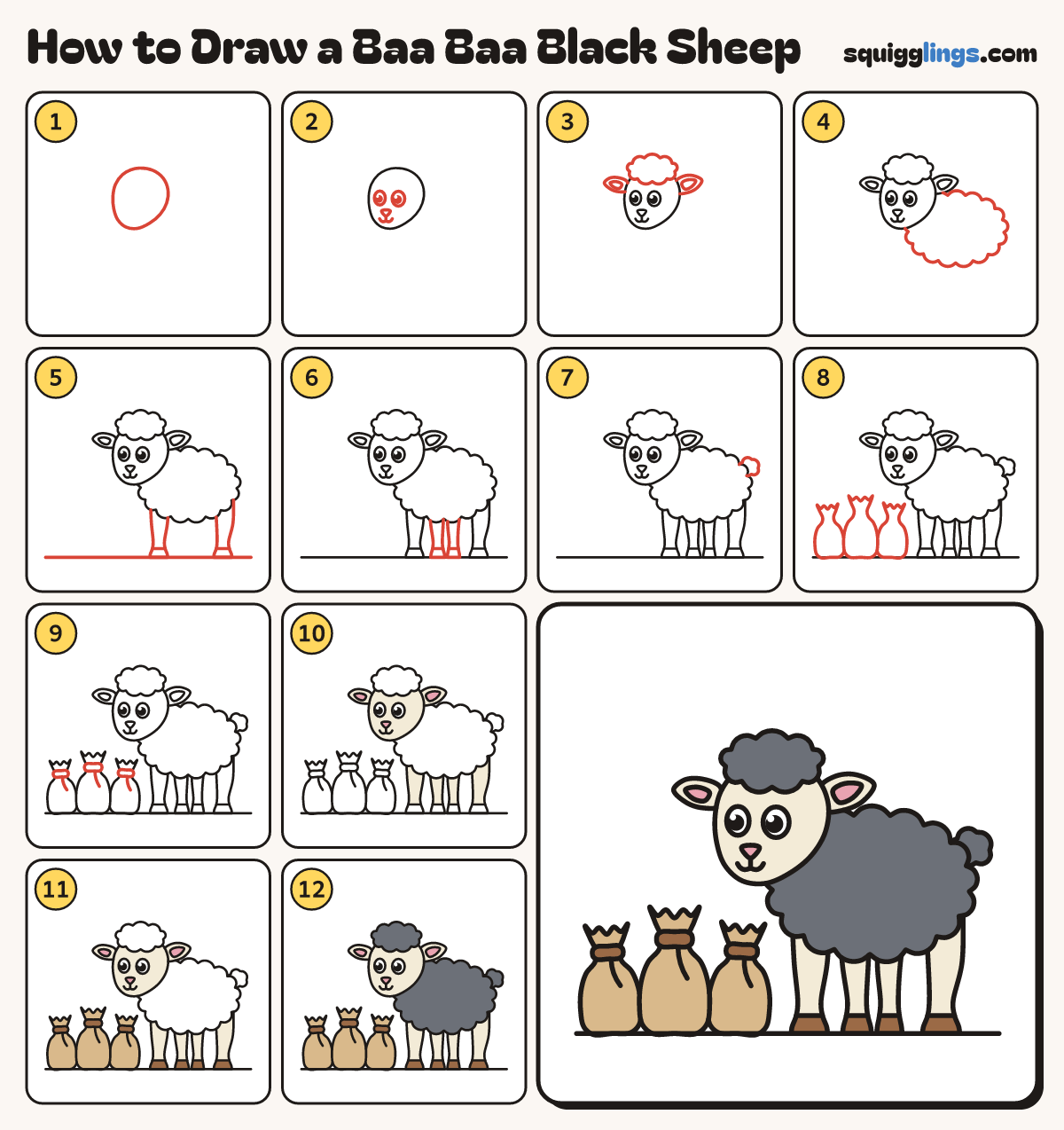 How to Draw a Baa Baa Black Sheep step by step: all 12 steps in one picture