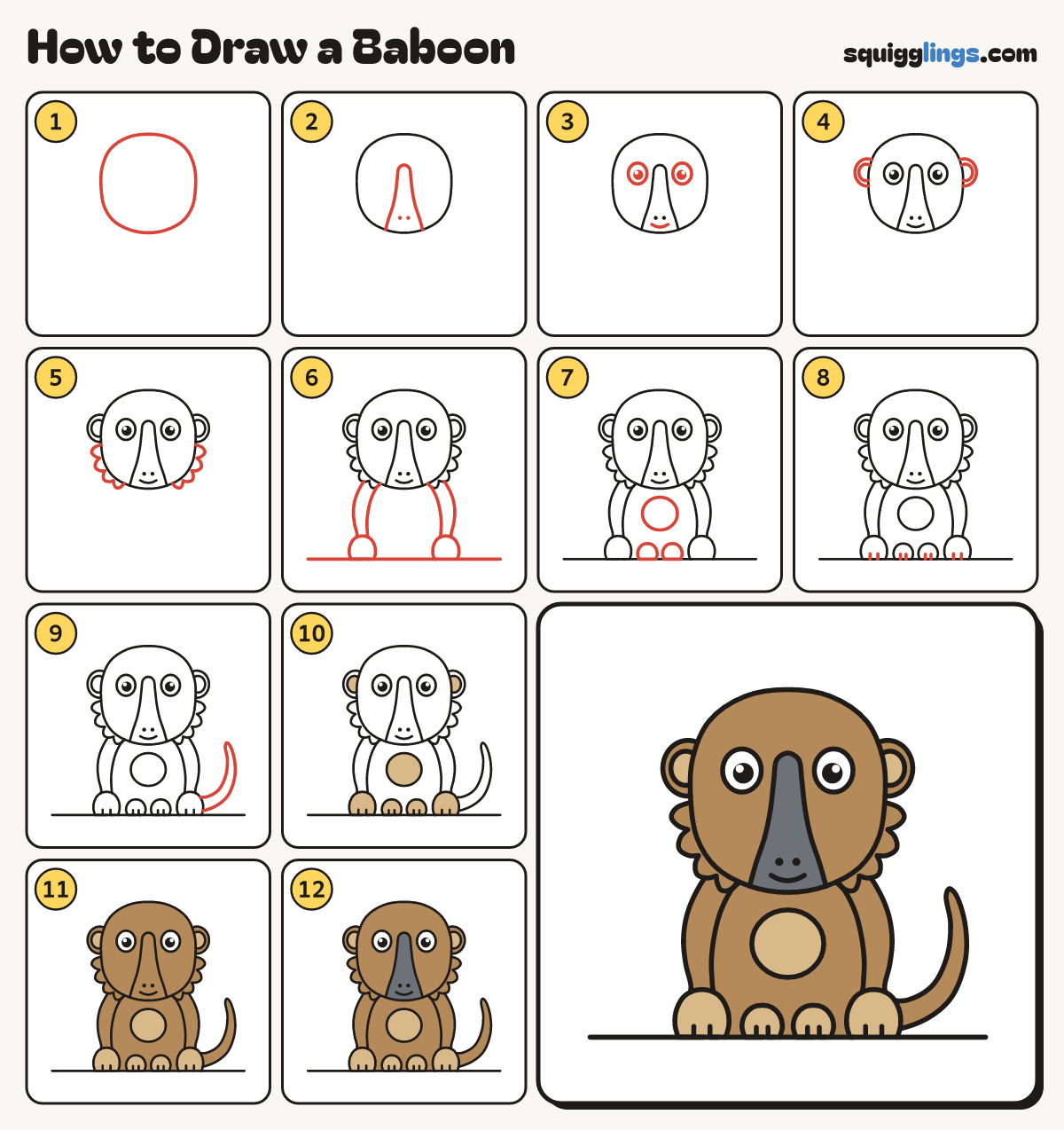 How to Draw a Baboon step by step: all 12 steps in one picture