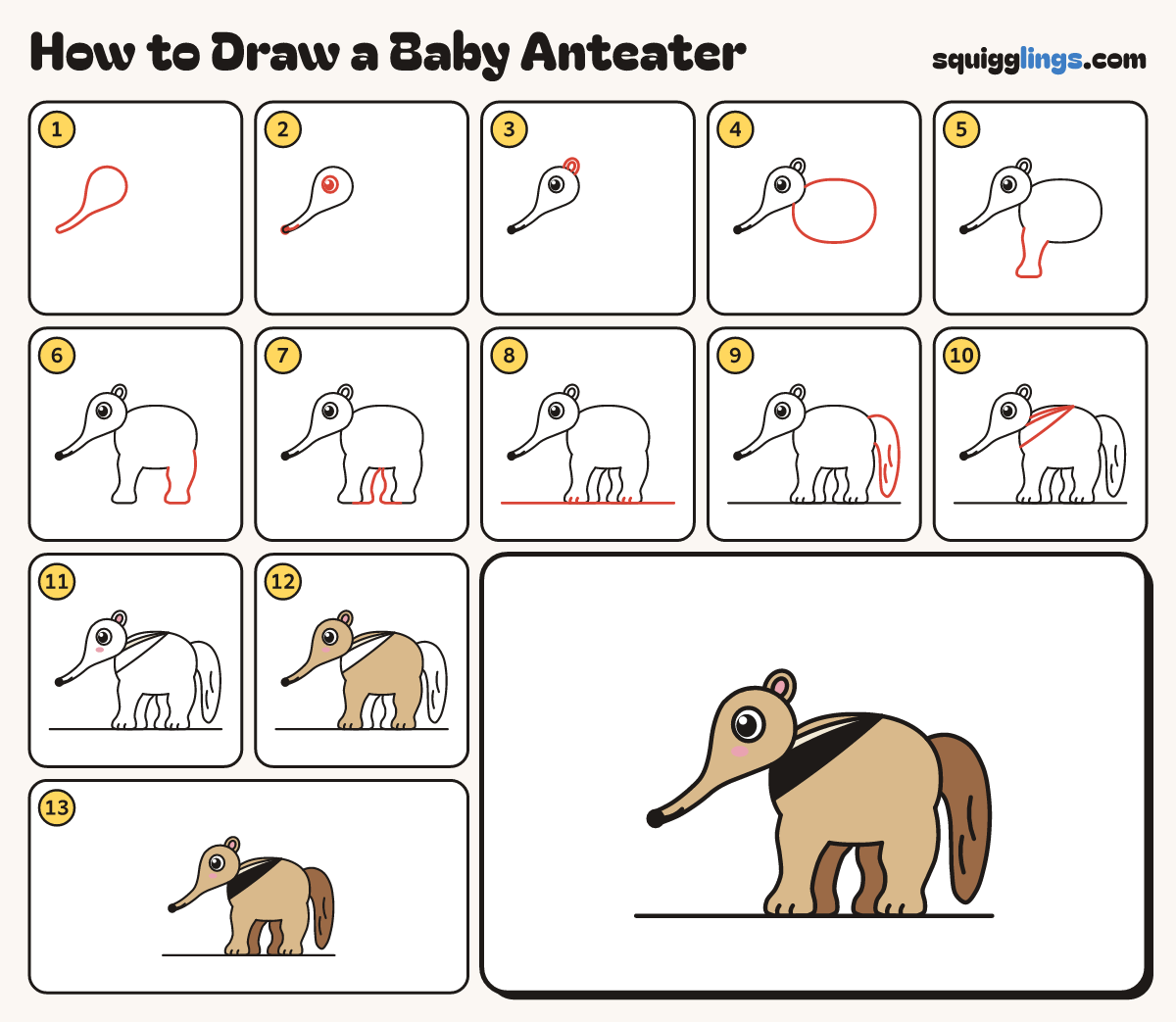 How to Draw a Baby Anteater step by step: all 13 steps in one picture