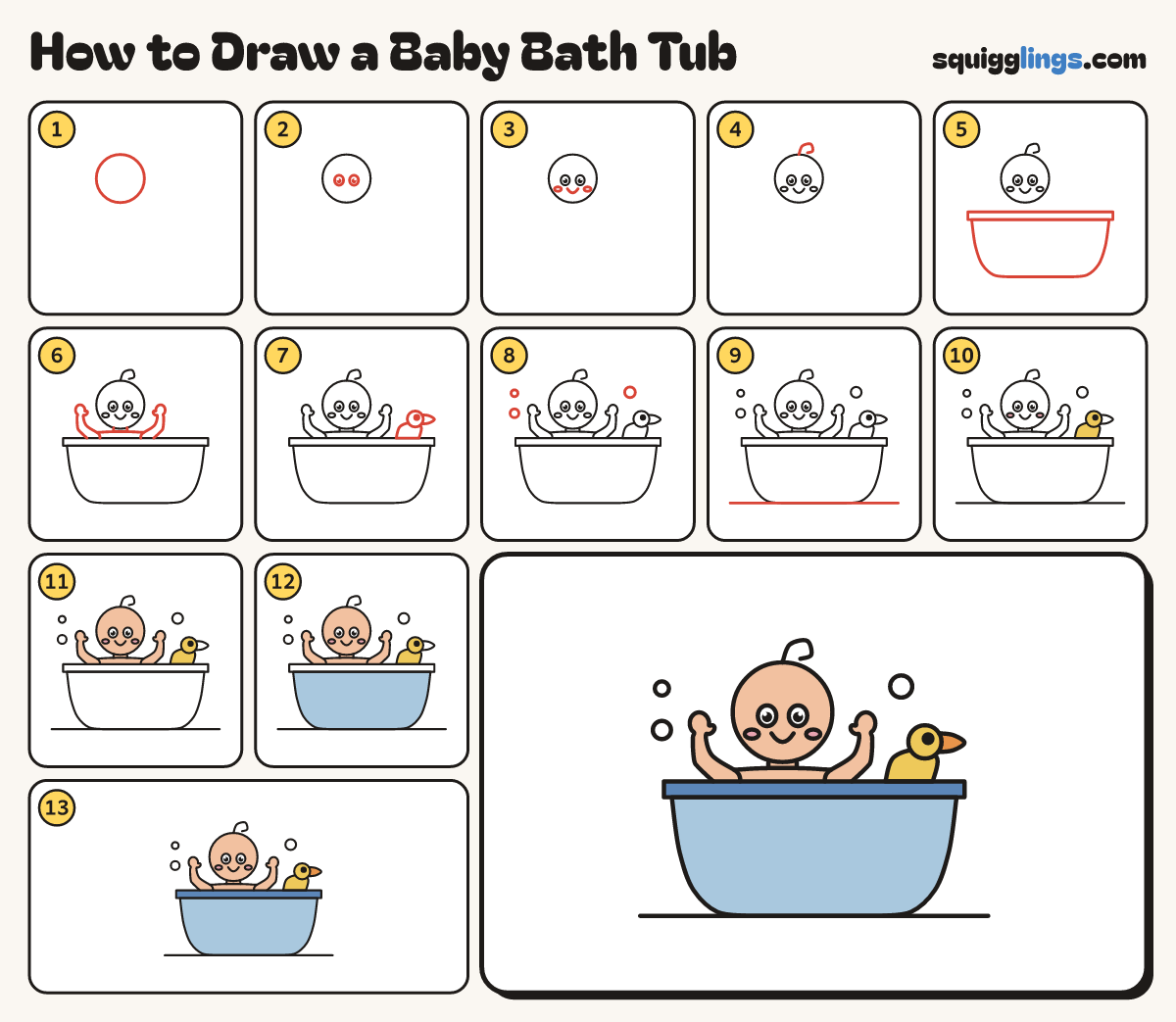 How to Draw a Baby Bath Tub step by step: all 13 steps in one picture