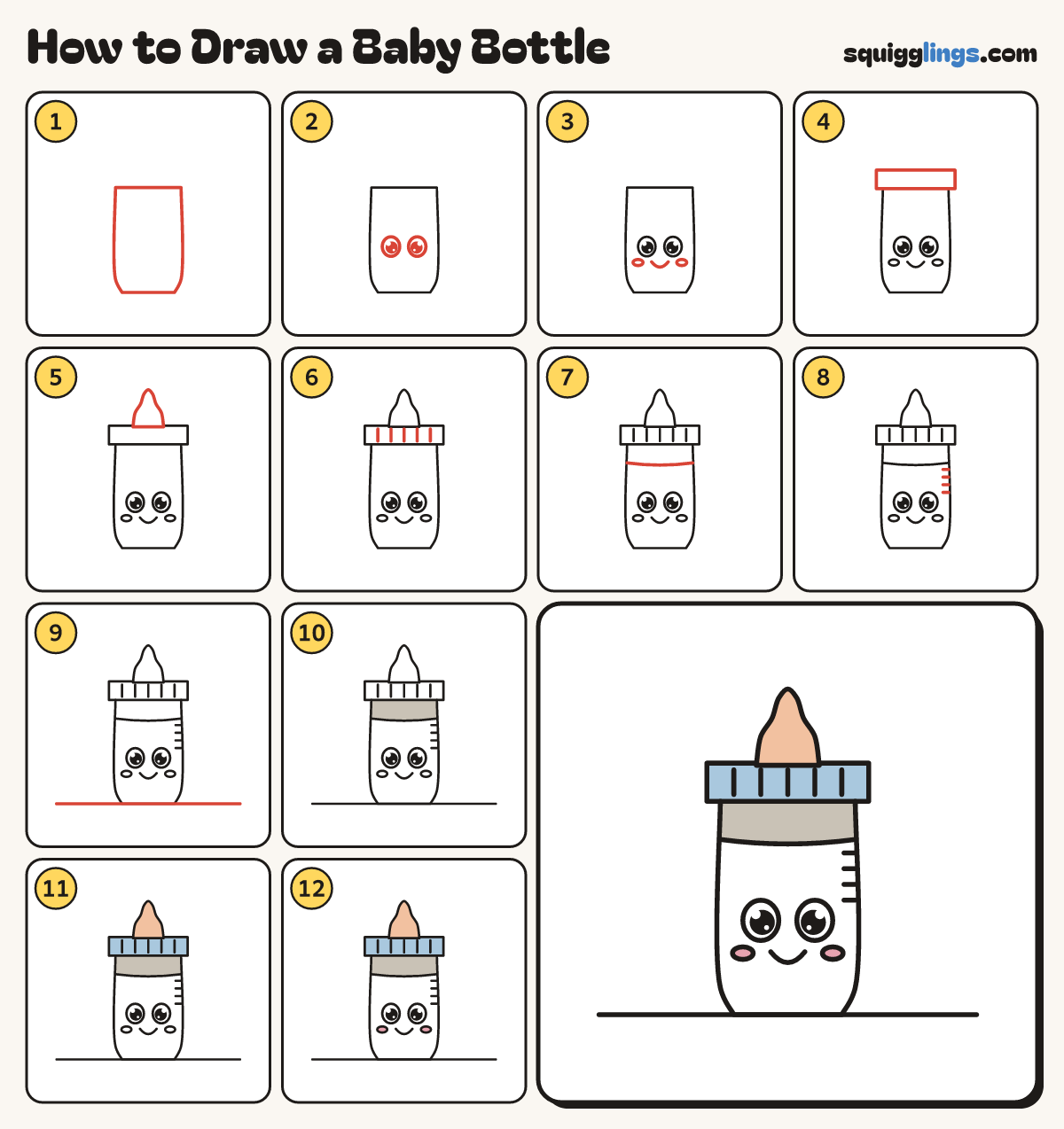 How to Draw a Baby Bottle step by step: all 12 steps in one picture