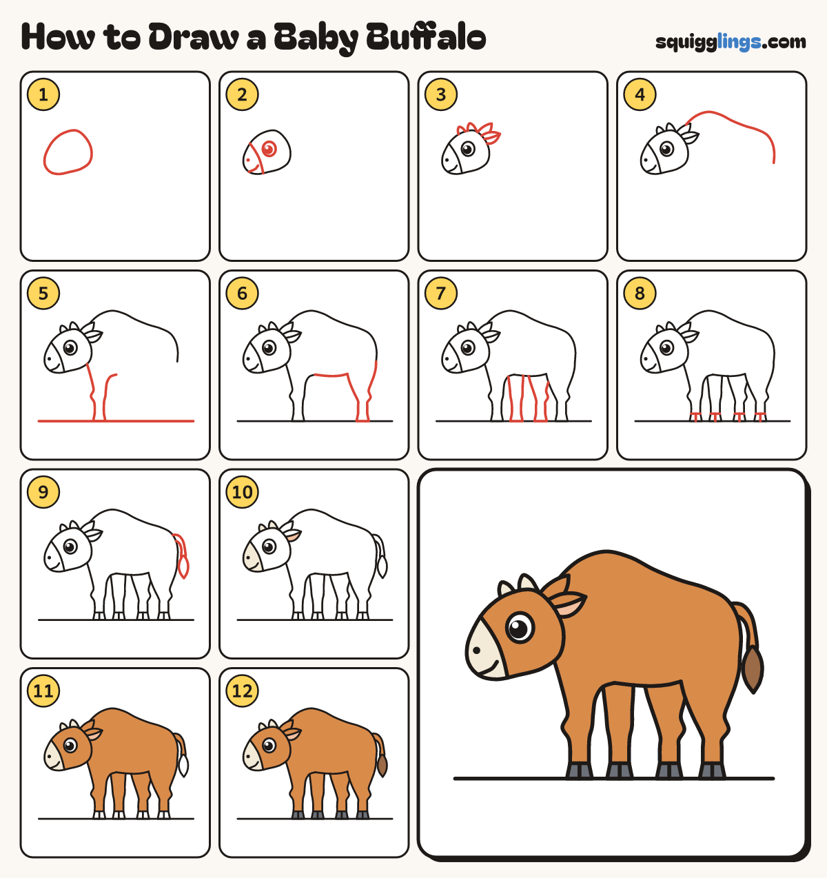 How to Draw a Baby Buffalo step by step: all 12 steps in one picture