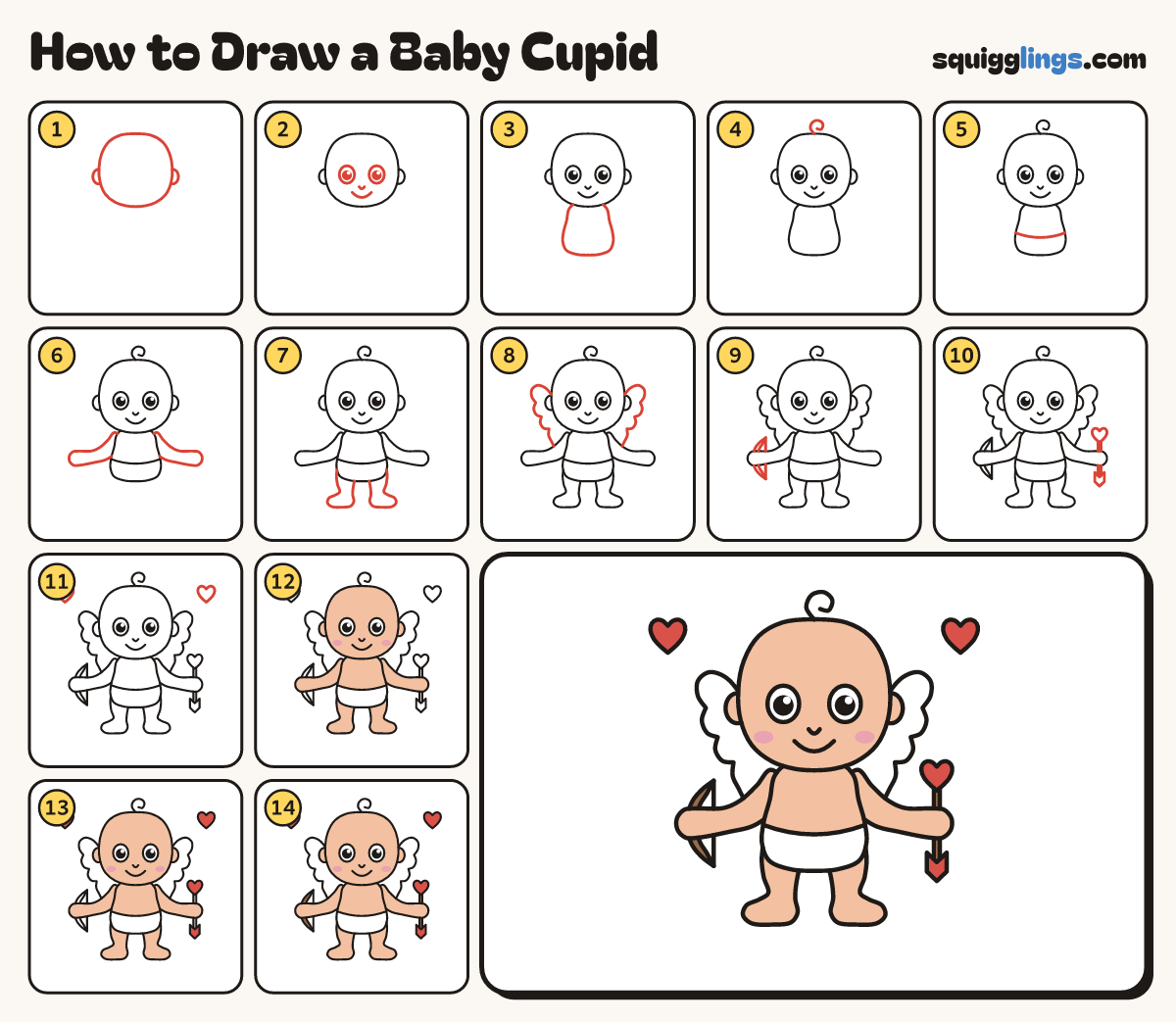 How to Draw a Baby Cupid step by step: all 14 steps in one picture