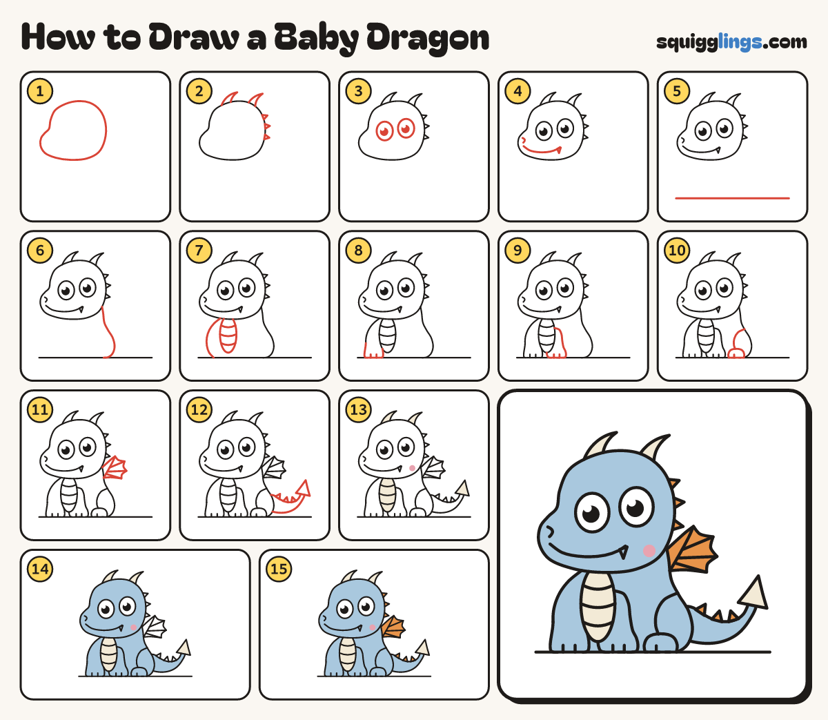 How to Draw a Baby Dragon step by step: all 15 steps in one picture