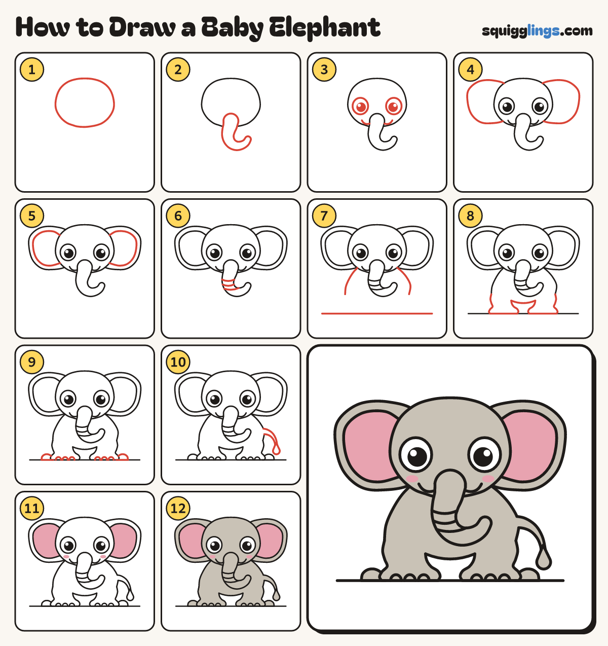 How to Draw a Baby Elephant step by step: all 12 steps in one picture