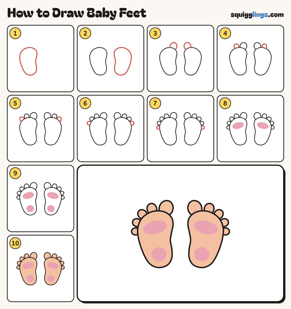 How to Draw Baby Feet step by step: all 10 steps in one picture