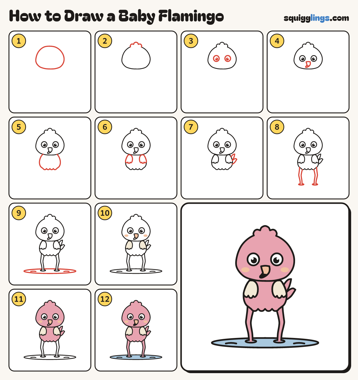 How to Draw a Baby Flamingo step by step: all 12 steps in one picture