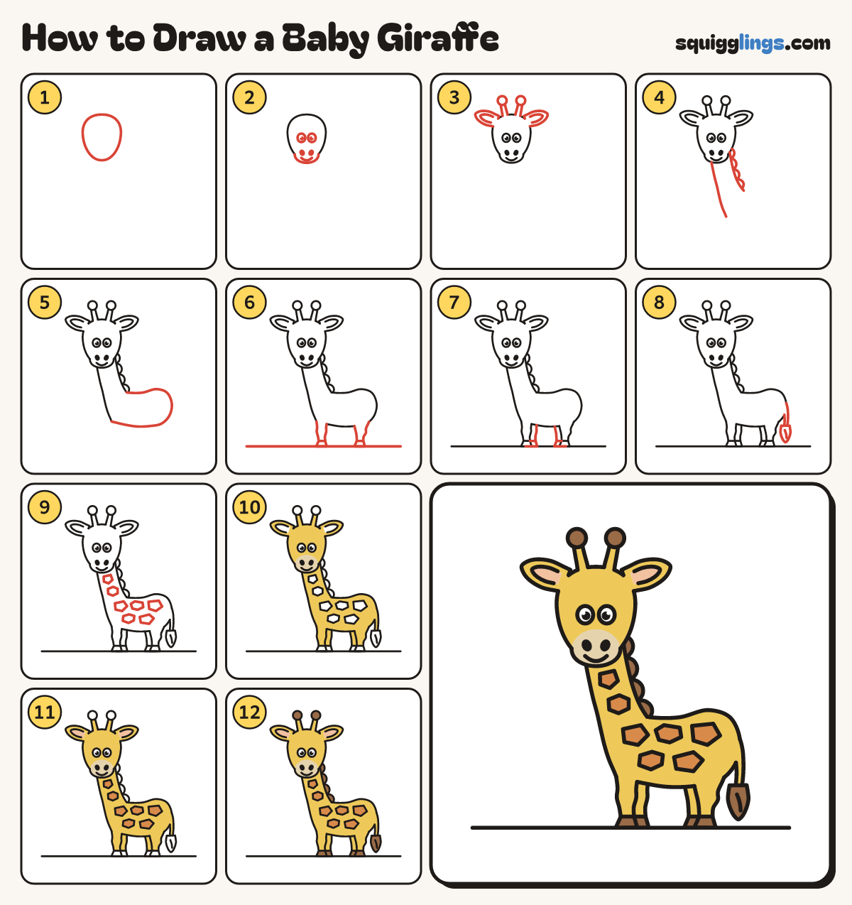 How to Draw a Baby Giraffe step by step: all 12 steps in one picture
