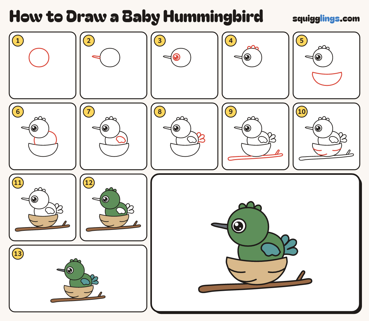How to Draw a Baby Hummingbird step by step: all 13 steps in one picture