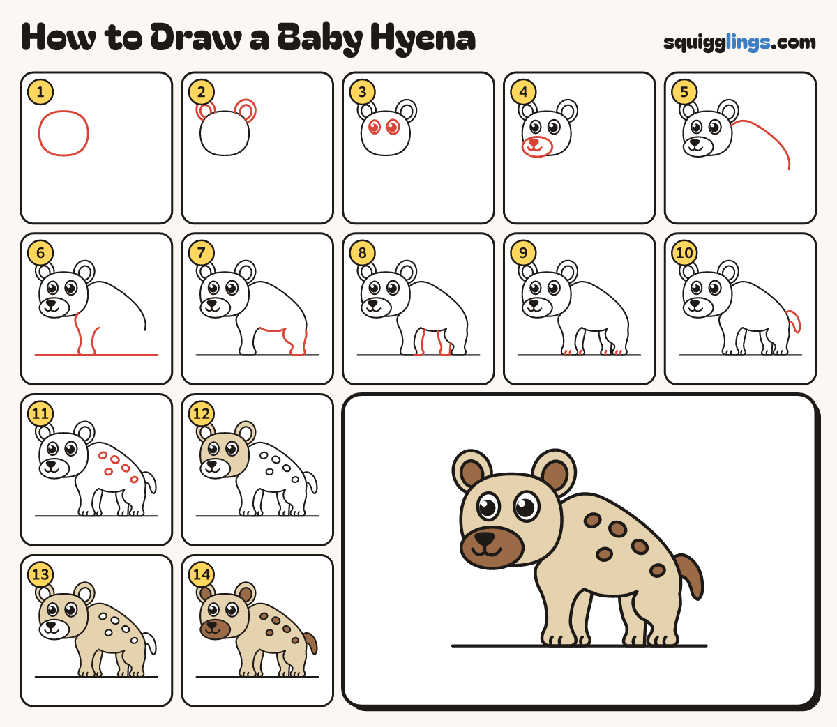 How to Draw a Baby Hyena step by step: all 14 steps in one picture