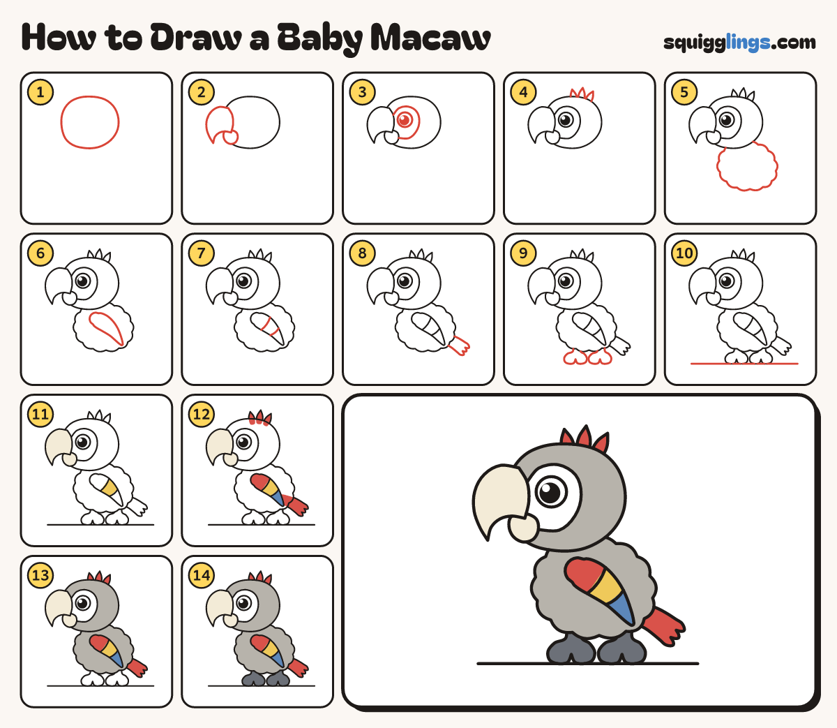 How to Draw a Baby Macaw step by step: all 14 steps in one picture