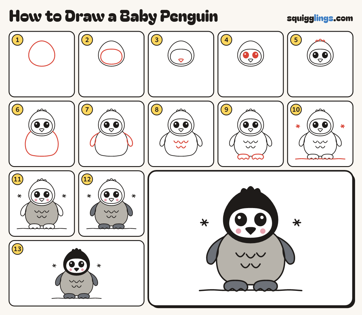 How to Draw a Baby Penguin step by step: all 13 steps in one picture