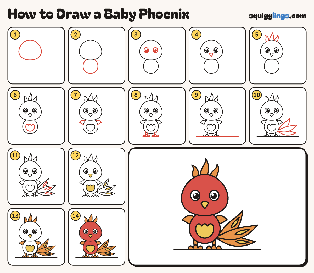 How to Draw a Baby Phoenix step by step: all 14 steps in one picture
