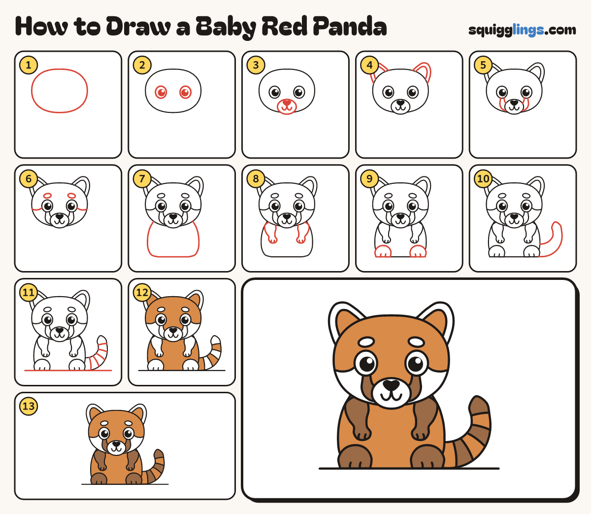 How to Draw a Baby Red Panda step by step: all 13 steps in one picture