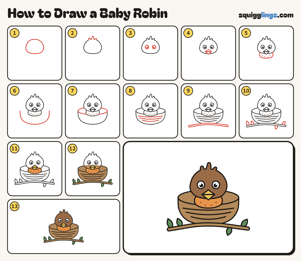 How to Draw a Baby Robin step by step: all 13 steps in one picture