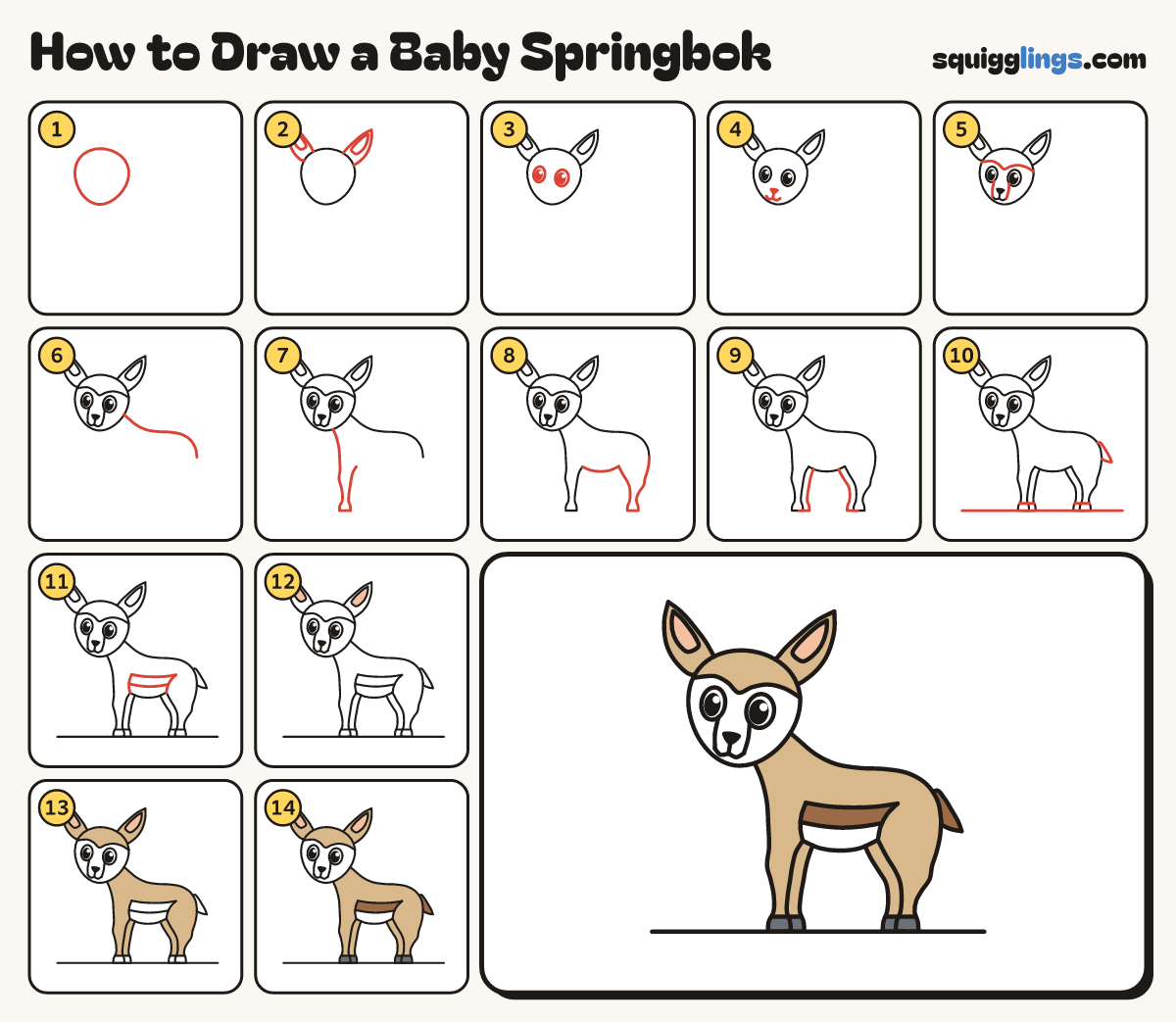 How to Draw a Baby Springbok step by step: all 14 steps in one picture