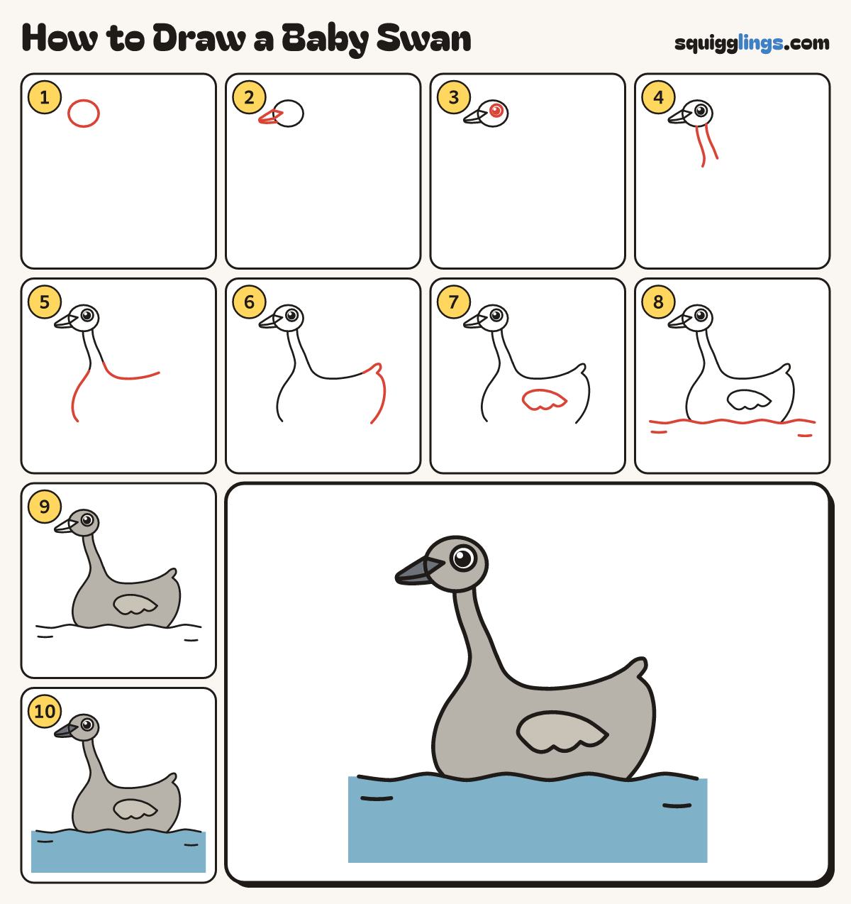 How to Draw a Baby Swan step by step: all 10 steps in one picture