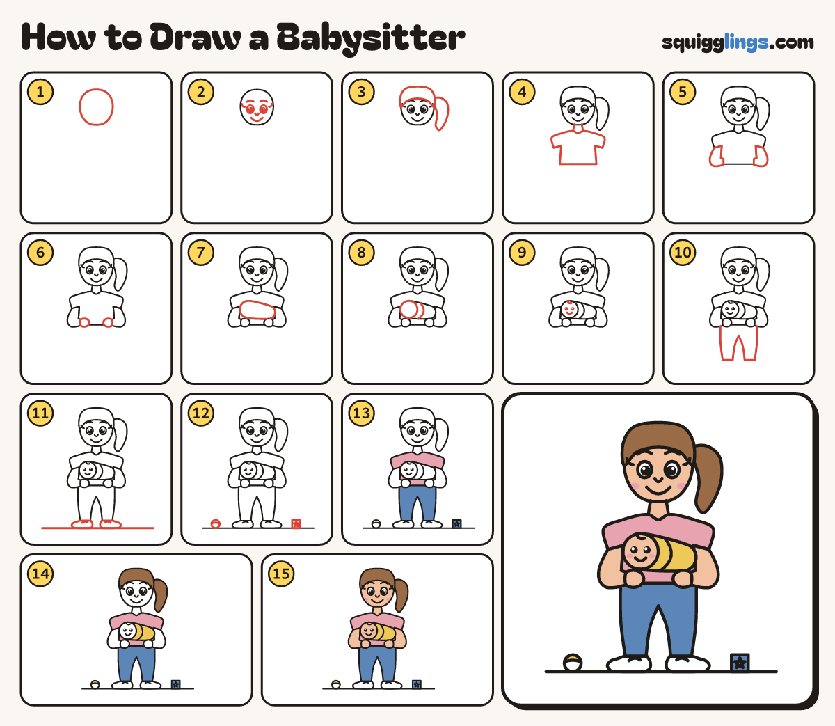 How to Draw a Babysitter step by step: all 15 steps in one picture