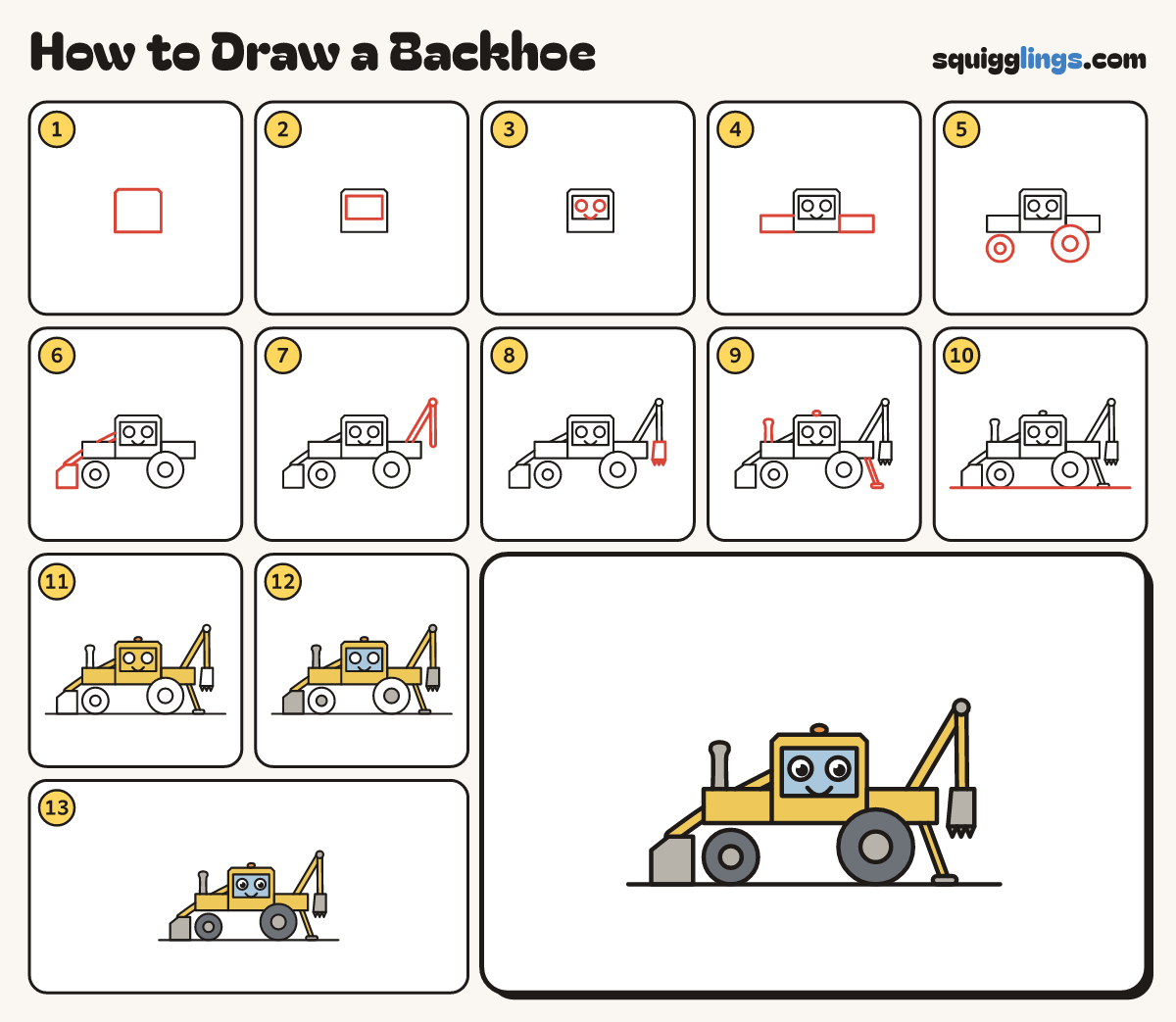 How to Draw a Backhoe step by step: all 13 steps in one picture