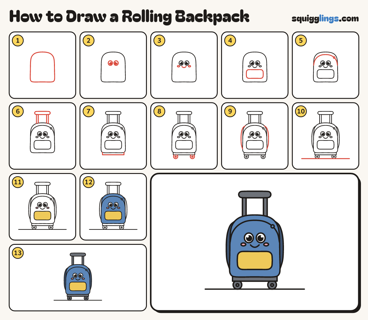 How to Draw a Rolling Backpack step by step: all 13 steps in one picture