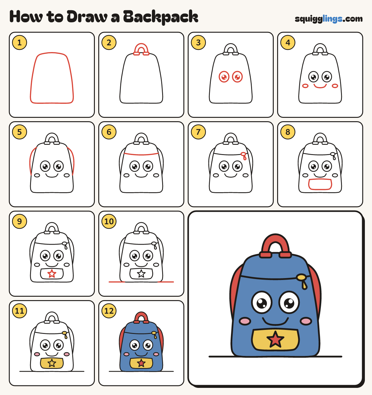 How to Draw a Backpack step by step: all 12 steps in one picture