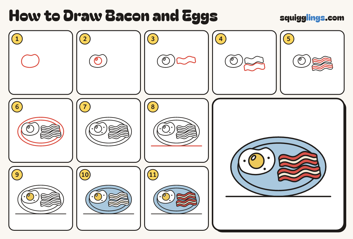 How to Draw Bacon and Eggs step by step: all 11 steps in one picture
